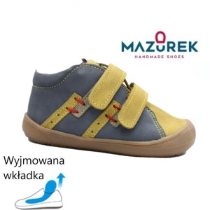 Mazurek 1264 skórzane buciki dziecięce półbuty chłopięce na rzepy 1264 szary c.żółty