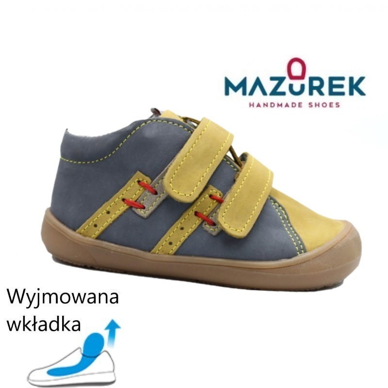 Mazurek 1264 skórzane buciki dziecięce półbuty chłopięce na rzepy 1264 szary c.żółty