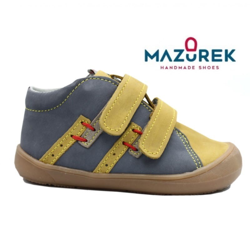 Mazurek 1264 skórzane buciki dziecięce półbuty chłopięce na rzepy 1264 szary c.żółty