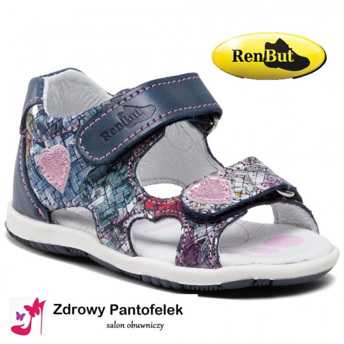 RenBut skórzane sandały dziecięce na rzepy 11-1448 0977 JEANS KWIATY