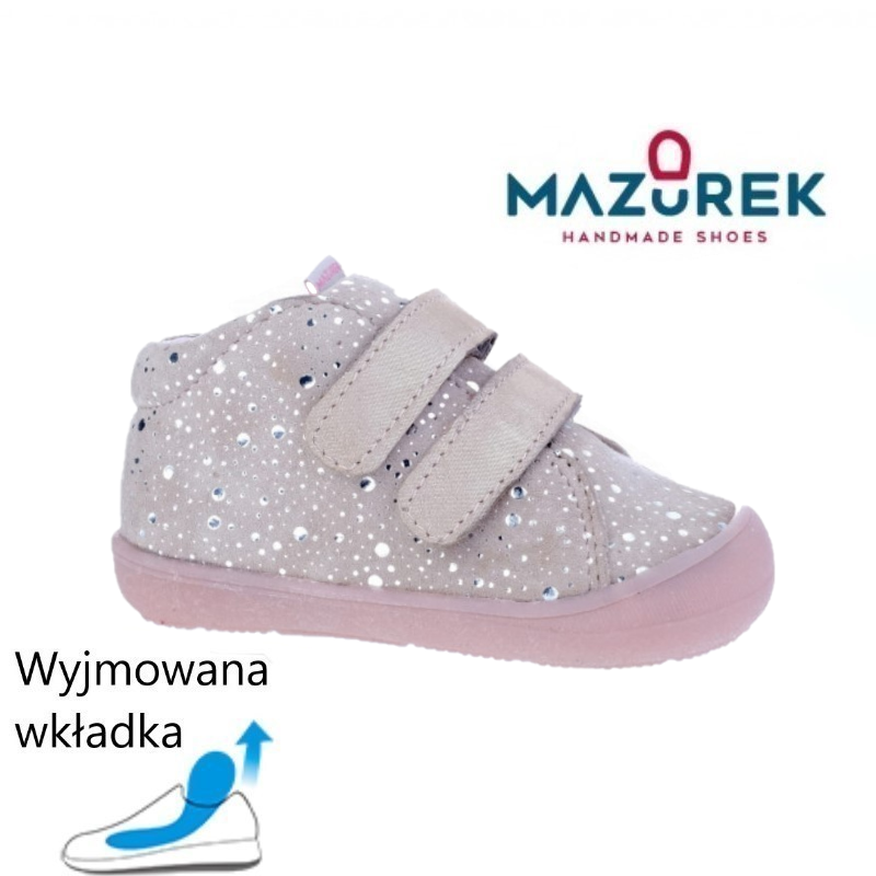Mazurek 1302 skórzane buty dziecięce półbuty na rzep dla dziewczynki puder kropki