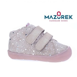 Mazurek 1302 skórzane buty dziecięce półbuty na rzep dla dziewczynki puder kropki