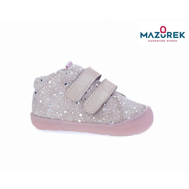 Mazurek 1302 skórzane buty dziecięce półbuty na rzep dla dziewczynki puder kropki