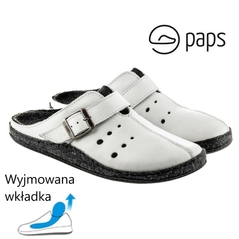 Paps Damskie obuwie medyczne klapki do wkładek ortopedycznych np. Vasyli  Paps 1051-102 białe