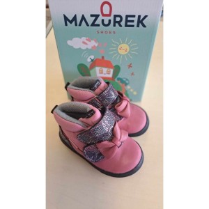 Mazurek 1369 M skórzane buty dziecięce półbuty na rzepy dla dziewczynki z membraną nieprzemakalna kokarda