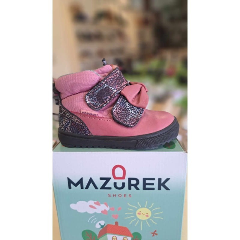 Mazurek 1369 M skórzane buty dziecięce półbuty na rzepy dla dziewczynki z membraną nieprzemakalna kokarda