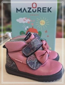 Mazurek 1369 M skórzane buty dziecięce półbuty na rzepy dla dziewczynki z membraną nieprzemakalna kokarda