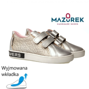 Mazurek 1235 skórzane buty dziecięce półbuty na rzepy 1236 srebro tłoczone